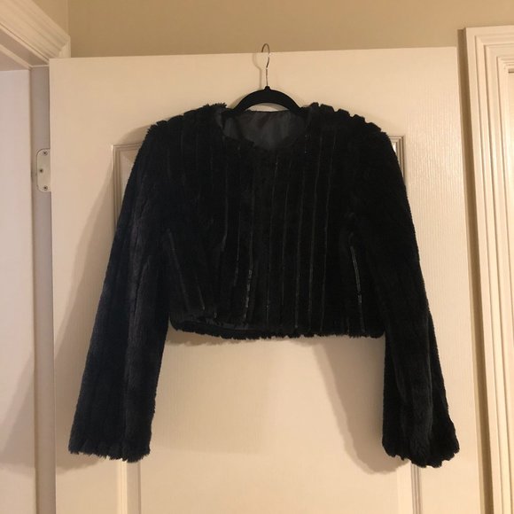 Vintage Faux Fur Cropped Black Jacket with Sequins - Picture 2 of 7